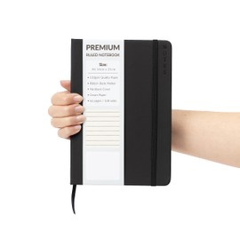 A5 Notebook Ruled Lined Journal with Faux Leather Hardback Cover and Premium 120gsm Thick Paper (128 Cream Pages, Black)