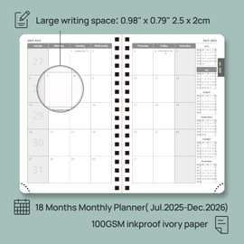POPRUN Monthly Planner 2025-2026 Pocket Size (4" x 6.25") 18 Months Calendar (Jul 2025 - Dec 2026) - 4 Pages per Month with Monthly Expense & Notes, Sunday Start, Leather Cover - Blue Green