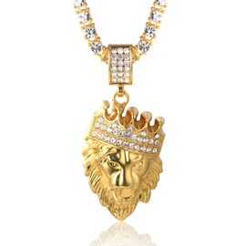 Halukakah ● Kings Landing ● Men's 18K Real Gold Plated / Platinum Plated Crown Lion Pendant Necklace Lab Diamonds with Free Tennis Chain/Cuban Chain, Metal, lab diamond