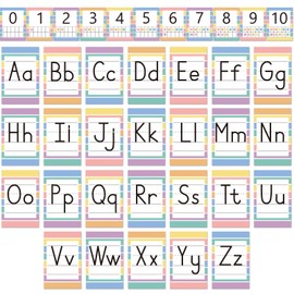 37 PCS Pastel Colors Stripes Classroom Alphabet Number Educational Poster Cards, Learning Cards Decorations Colorful Boho Bulletin Board Letter for Teacher Kindergarten School Home Wall Decor