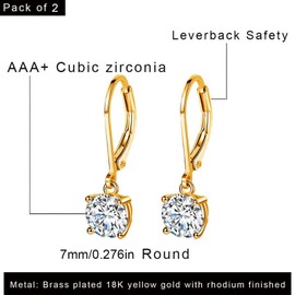 MDFUN Leverback Earrings Set for Women 18K Gold Plated Round Cubic Zirconia Dangle Earrings Hypoallergenic Drop Jewelry Gifts for Her (2 Pairs Round)