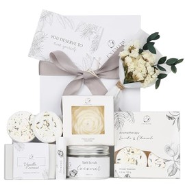 EXTALOW Regalos de spa para mujeres, cesta de regalo de baño y cuerpo, regalos de Navidad, set de spa en casa de coco y lavanda, regalo de autocuidado para mamá, hermana, esposa, regalos de cumpleaños