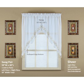 Today's Curtain, Emelia Embroidery Sheer Swag 38", White, 59" W x 38" L