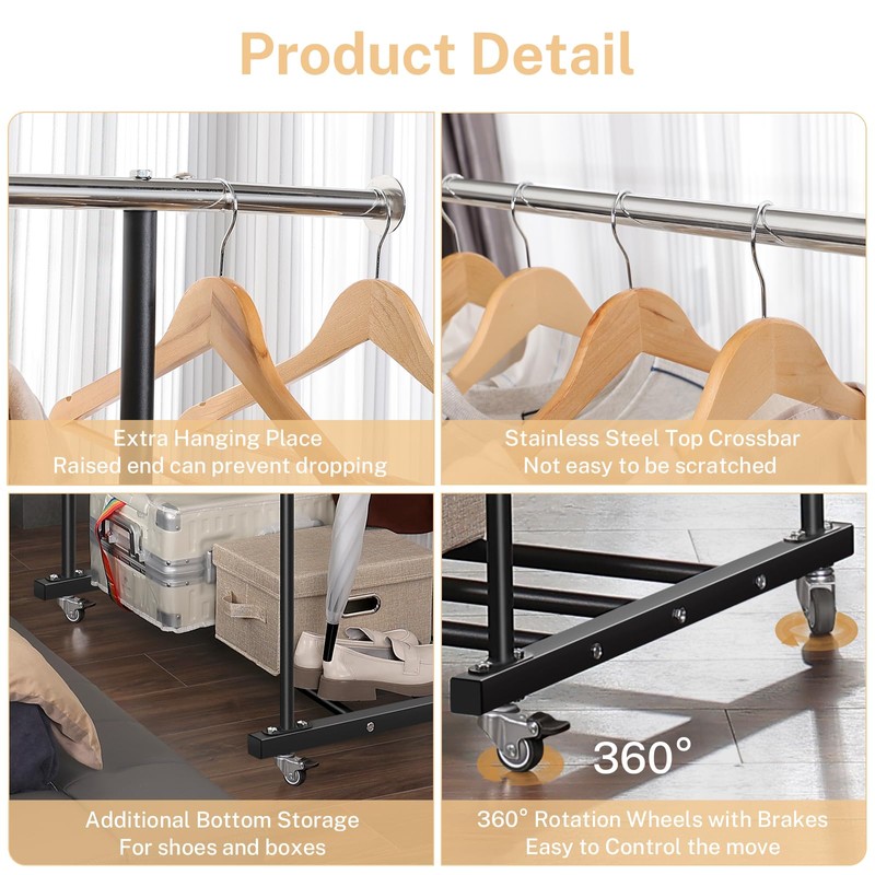 VICERII Clothes Rack, Double Clothing Rack with Wheels and Extra