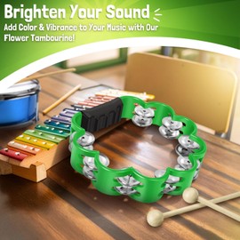 Flexzion Flower Tambourine - 8 Inch Handheld Percussion Instrument w/Metal Jingles & Ergonomic Grip - Small Tambourines for Adults, Church, Parties, & Musical Events (Green)