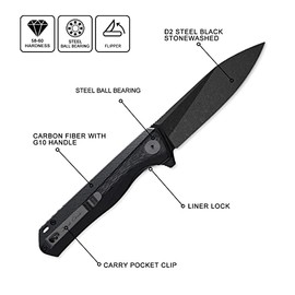 Petrified fish PF818 Cuchillo Plegable 3.54 inch Cuchilla de Black Stonewashed de acero D2 G10 with Carbon Fiber Mango EDC cuchillo de bolsillo (Carbon Fiber Black Stonewashed)