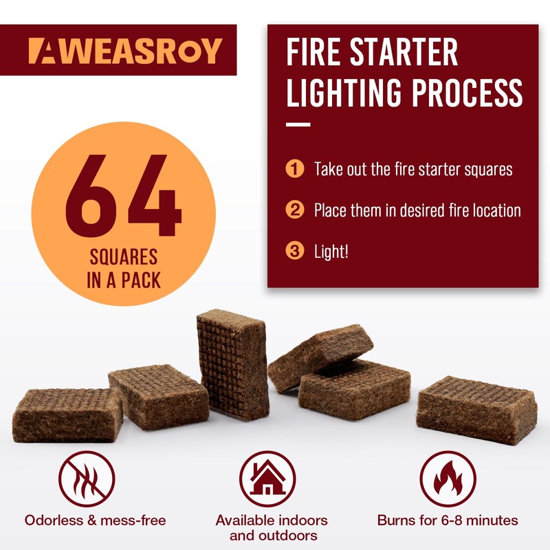 Fire Starter Squares 64 - Fire Starters for Fireplace,Chimney,BBQ Grill,Camping