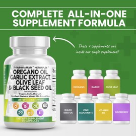 Clean Nutraceuticals Clean Nutraceuticals Oregano Oil Garlic Extract Olive Leaf Black Seed Oil - Immune Support & Digestive Health Supplement for Women and Men with Vitamin D3 & Zinc - 2Pack