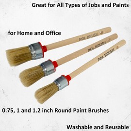 Set of 3 0.75, 1, 1.2 Inch Chalk & Wax Round Paint Brushes - High European Quality - Natural Bristles - for Home, Wood, Walls, Art, Trim & Furniture - for Acrylic, Oil, Stain, Chalk & Wax Paints