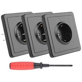 LongZYU Pack of 3 Sockets, Single Flush-Mounted Single Socket, Black, 250 V, 16 A, Protective Contact Socket, 1-Way Wall Socket Set with Increased Touch Protection, 84 mm, for Bedroom, Kitchen, Living