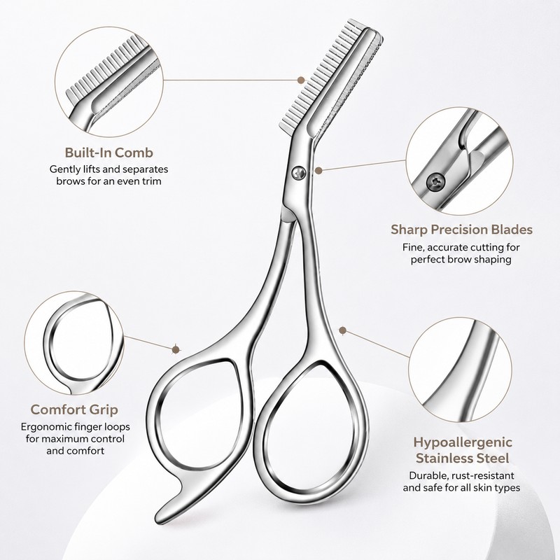 Eyebrow Scissors with Built-In Comb for Precision Trimming – Stainless