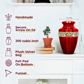 Trupoint Memorials Cremation Urns for Human Ashes, Decorative Burial Urn for Adult Men and Women, Large Grecian Red and Gold