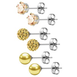 JewelrieShop Champagne Studs Earrings for Women CZ Rhinestones Crystal Ball Fake Pearl Stainless Steel Party Stud June Birthstone Earring Set for Women (3 pairs,6mm Round,June)
