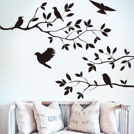 RETON Baum Zweige Vögel Wandaufkleber Removable Vinyl Schlafzimmer Wohnzimmer Kunstwand Schwarz Wandtattoo Dekoration