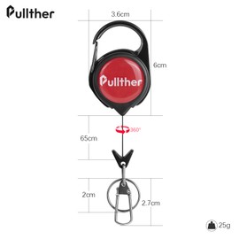 Pullther Reel Keychain, Pin-on Reel, Key Reel, with Carabiner, Anti-Loss, Telescopic Reel, Maximum Length 25.6 inches (65 cm), Pack of 3