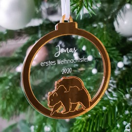 Personalisierte Weihnachtskugel mit Name - Mein erstes Weihnachten Kugel Baby Baumschmuck BÄR - Acryl-Glas (Gold)