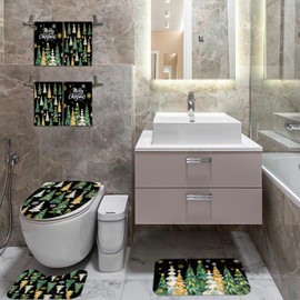 Wollmix Merry Christmas 8 Pcs Shower Curtain Bathroom Sets Green Holiday Xmas Winter Tree Bath Decor Decorations Accessories with Rugs, Toilet Lid Cover, Bath Mat, Towels and 12 Hooks 72x72 Inch