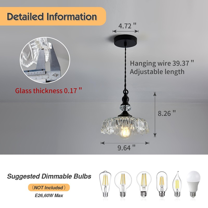 CVKASH Vintage Glass Pendant Light Fixture Black Modern Adjustable Chandelier