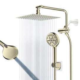 All Metal Shower Head, 10" High Pressure Rainfall/Handheld Shower Combo with 11" Extension Arm, 10-Spray Handheld Showerhead, 71" Long Hose, 3-Way Diverter Valve, Shiny Gold