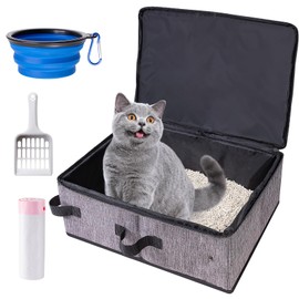 Travel Litter Box for Cats in Car with Lid and Cat Litter Scoop,Portable Cat Litters Case with a Bowl and 10 pcs Disposable Liner Bags,Leak-Proof and Collapsible