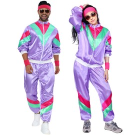 AUTOWT 70s 80s Shell Suit, Men Women Lightweight Long Sleeve Tracksuit, Retro Color Block Hip Hop Windbreaker Disco Costume for Rock Festivals Carnival Parties Mardi Gras (Purple, M)