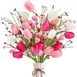 Sggvecsy Sggvecsy Valentines Day Gifts 6 Pcs Artificial Tulips Twigs Heart Shaped Berry Picks Flower Stem Branches with Tulips Pink Heart for Valentines Day Anniversary Flower Bouquets Wedding Home Decor