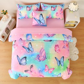 DORCAS 6 Pcs Butterfly Twin Bedding Sets for Girls,Butterfly Twin Comforter Sets with Sheets for Girls Teens Kids