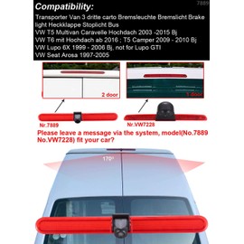 Rückfahrkamera Transporter mit Bremslicht Bremsleuchte, HD Nachtsicht Auto Rückfahrkamera für VW T5 Multivan Caravelle Hochdach/T6 mit Hochdach ab 2016/T5 Camper/Lupo 6Xj/Seat Arosa/Transporter Van