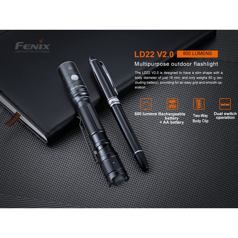 Fenix LD22 v2.0 AA Flashlight, 800 Lumen Rechargeable Penlight for