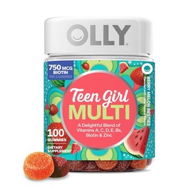 OLLY Teen Girl Multi Gummy, Healthy Skin and Immune Support,* Essential Vitamins, Biotin, Zinc, Chewable Multivitamin, Strawberry Melon Flavored, 50 D