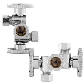 HeSun 2-PCs Dual Shut Off Angle Valve, 1/2" Nominal (5/8"OD) x 3/8" OD x 3/8" OD Compression, 1/4-Turn Stop Valve with 2 Shut Off, PEX Chrome Plated Brass