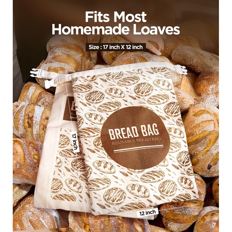 2 Pack Reusable Beeswax Bread Bags for Homemade Bread, Cotton