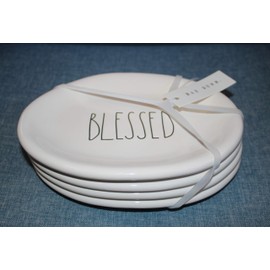 Rae Dunn BLESSED in large letters LL 4 Plate Set of 8 inch oval snack dessert salad plates. By Magenta.