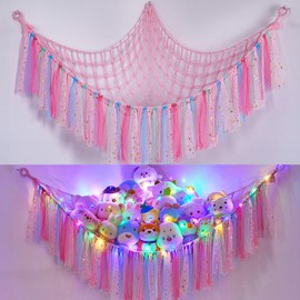 FIOBEE Stuffed Animals Net or Hammock with LED Light, Toy Hammock Hanging Stuffed Animals Storage Organizer Holder Room Décor for Nursery Kids Bedroom