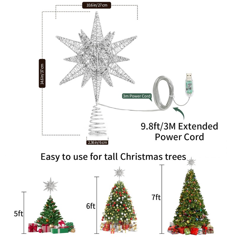 Lewondr Christmas Star Tree Topper, USB Powered Remote Controlled 11