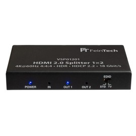 FeinTech VSP01201 HDMI 2.0 splitter 1 to 2 splitter Ultra-HD 4K @ 60Hz YUV 4: 4: 4 HDR HDCP 2.2 EDID 18 Gbps