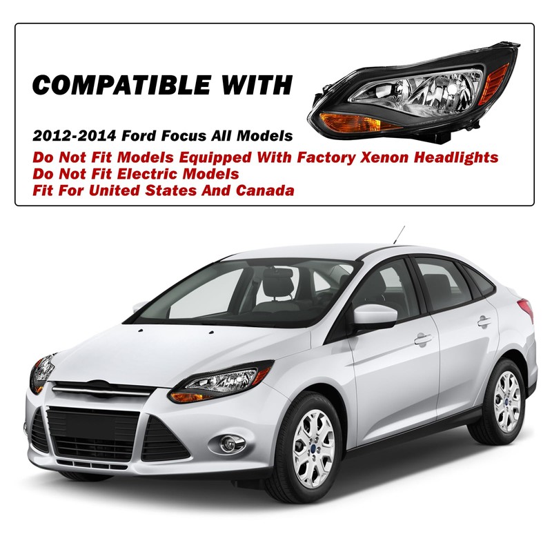 SOCKIR Black Housing Headlight Assembly Fit for 2012-2014 Ford Focus