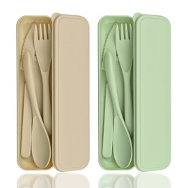 Cutlery Set with Case, 2 Travel Cutlery Camping Cutlery Set, Portable Plastic Cutlery Utensil Set, Reusable Plastic Cutlery Set, Camping Cutlery Set for Picnic (Green, Beige)