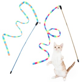 KFHENSOMR 2pcs Rainbow Cat Wand Toys, Interactive String Plush Toy, Extended Colorful Cat Teaser Wand with Bells, Cats Charmers Colorful Wands Stick Toy for Most Cats and Kittens