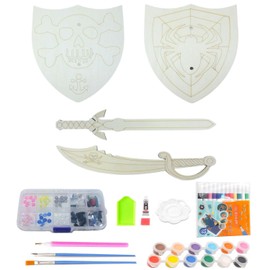 2 Sets DIY Wooden Sword and Shield Kit for Kids，DIY Swords DIY Wooden Shield,Wooden Craft Swords and Shields Made by Hand by Coloring and pasting Bricks and Stones