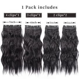 Black 20 Inch Thick Hairpieces Long Wavy Natural Synthetic Clip in Hair Extensions, for Women (4pcs, 20Inch, 1B#)