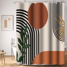 Shower Curtain, Abstract Boho, Uiiooazy Shower Curtain, Terracotta, Mid-Century Minimalist Shower Curtains, Anti Mould, Waterproof, Polyester Fabric, Washable Bathroom Curtain with 12 Hooks, 180 W x