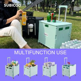 Folding Utility Cart Portable Rolling Crate Handcart Shopping Trolley Collapsible Tool Box, with Lid, on 4 Rotate Wheels, for Grocery, Shopping, Office, Camp, Teacher (Green)