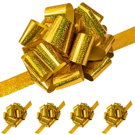 WRAPAHOLIC 4 PCS 10 inch Large Pull Bows, Metallic Gold for Gift Wrapping, Birthday, Holiday, Christmas, Wedding, Baby Shower