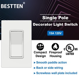 BESTTEN 20 Pack Single Pole Decorator Light Switch with Screwless Wall Plate, Paddle Rocker Wall Switch,15A 120/277V, On/Off Interrupter, UL Listed, W