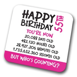 55th Birthday Coaster - Celebrate 55 Years in Seconds, Minutes, Hours, and Days. Novelty Drink Coasters for Tea and Coffee for Christmas and Birthdays (Modern) (Pink, 55 Years Old)