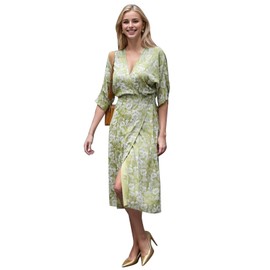 CHICWISH Women Summer Elegant Floral Print Faux Wrap Dresses 3/4 Batwing Sleeve V Neck High Waist Split Midi Dress