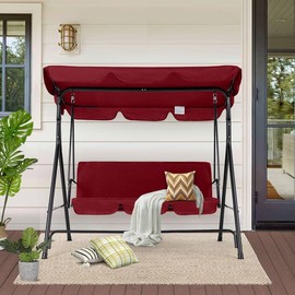 Aecojoy Patio Swings Outdoor, 3-Seat Glider Porch Bench with Removable Cushion and Adjustable Shade, Swing Chairs for Garden, Poolside&Backyard - Colour: red