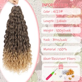 WoWCFyyds 24 Inch Deep Wave Twist Curly Crochet Hair Extensions Pack Deep Wavy Air Curl Bulk Hair Synthetic Boho Braids Water Wave Crochet Hair Extension for Women (T4/27, 24 Inch-3 Pack)