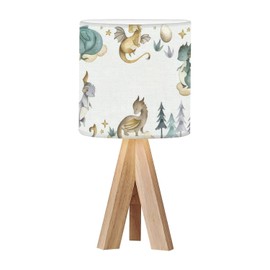 OEPWQIWEPZ Tripod Bedside Desk Table Lamp Dragon Baby Animals Watercolor Wood Nightstand Lamp with Linen Fabric Shade for Nursery Bedroom Living Room Kids Room